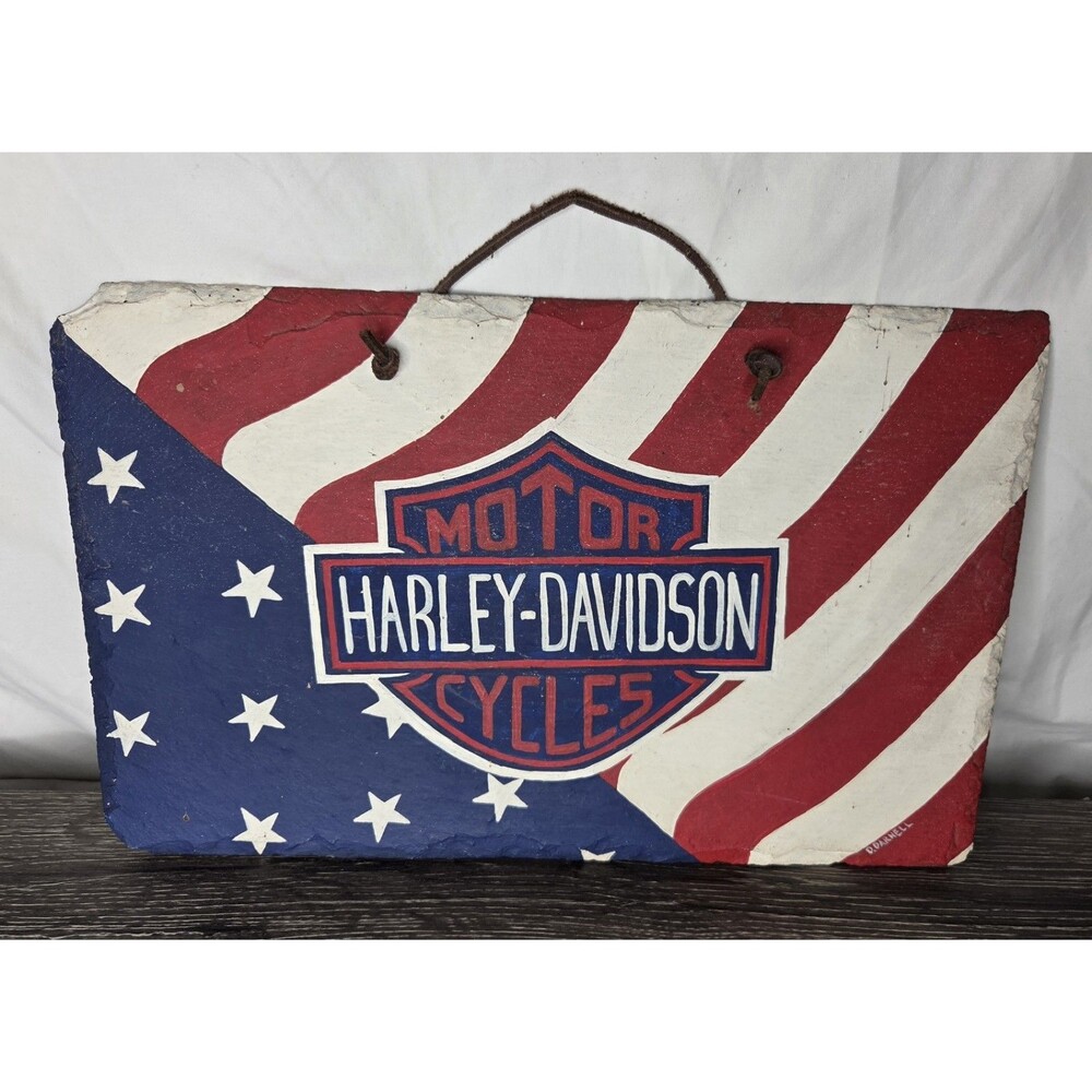 Vtg Harley Davidson Hand Painted Slate Red White & Blue USA Hanging Sign